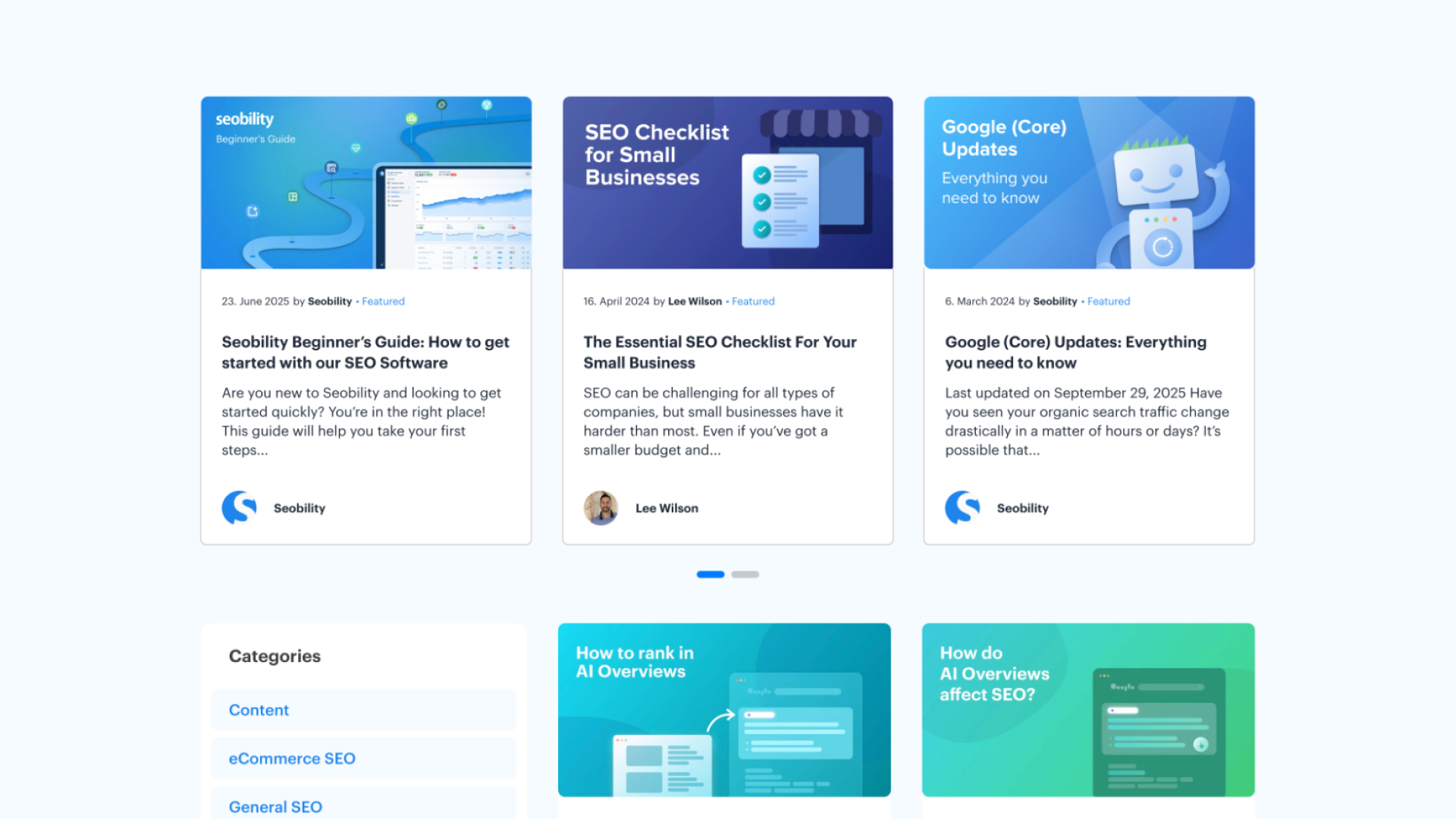 Seobility blog page displaying illustrated article cards about SEO and Google updates