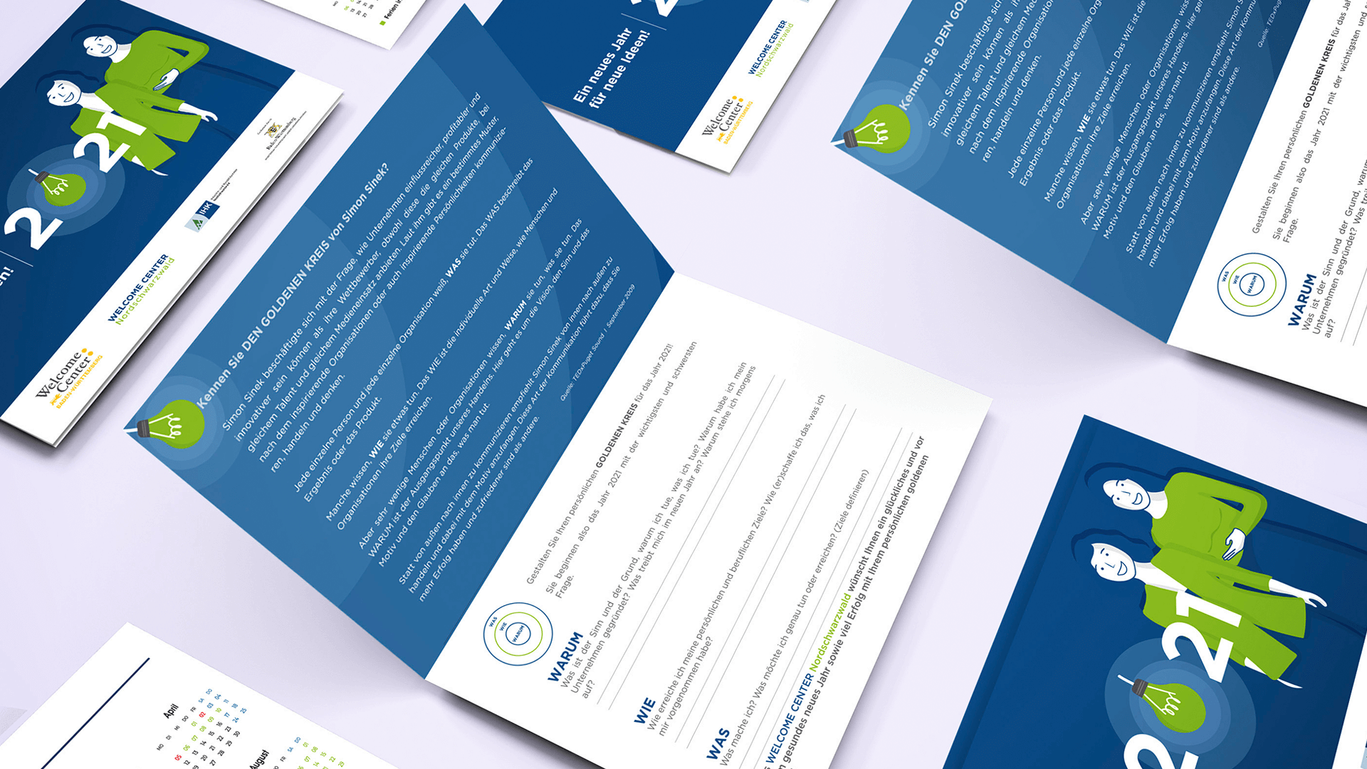 German Welcome Center workbook pages with blue layouts, illustrations, and reflection prompts