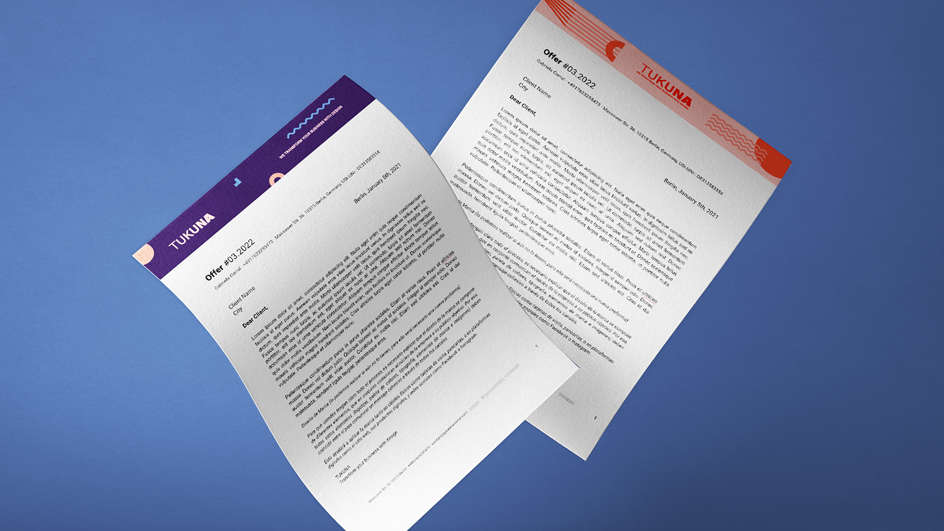 Two Tukuna offer letter templates with purple and coral branded headers