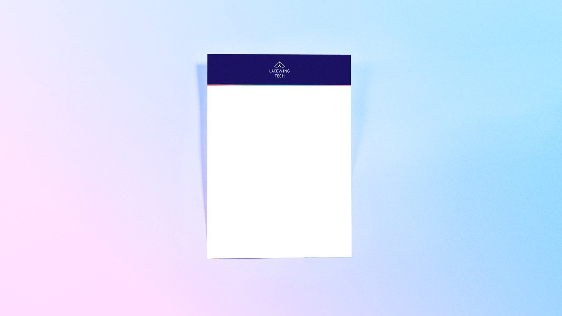 Minimal Lacewing Tech letterhead mockup on a pink and blue gradient background