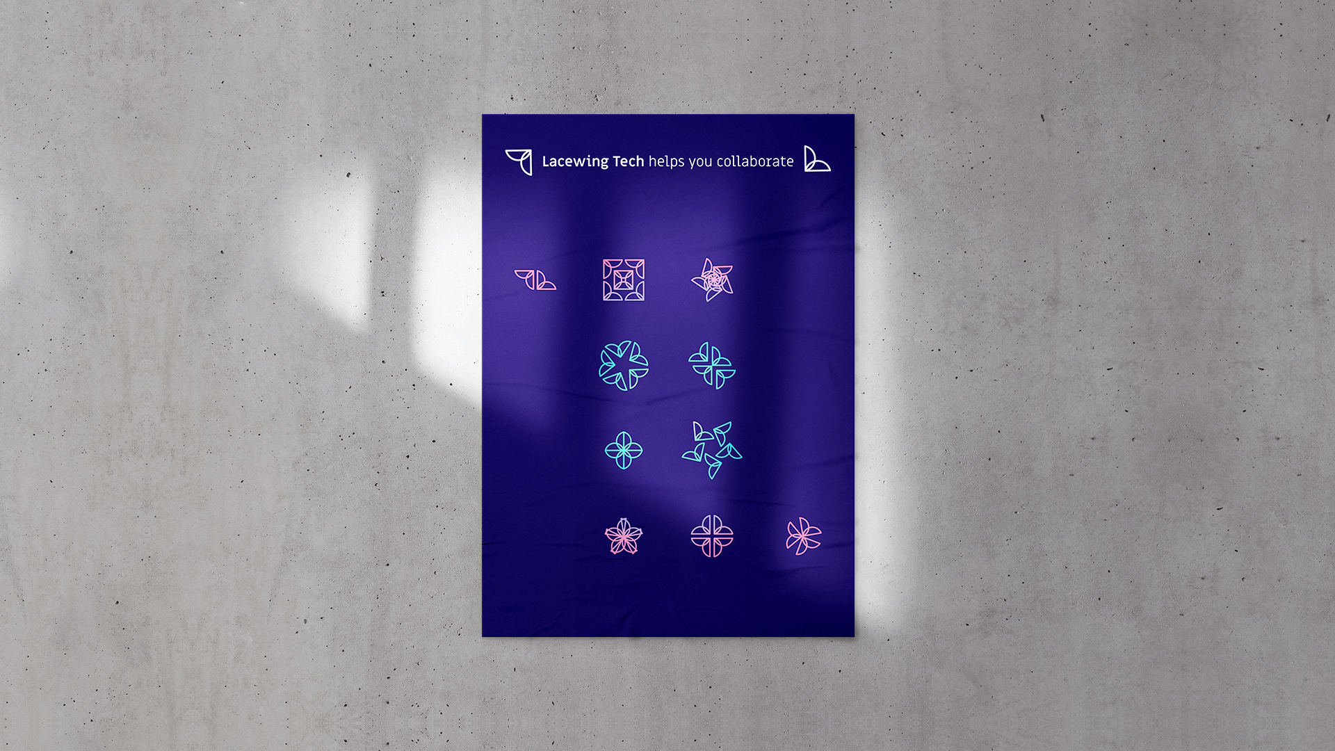Purple Lacewing Tech poster showing a grid of colorful collaboration symbols