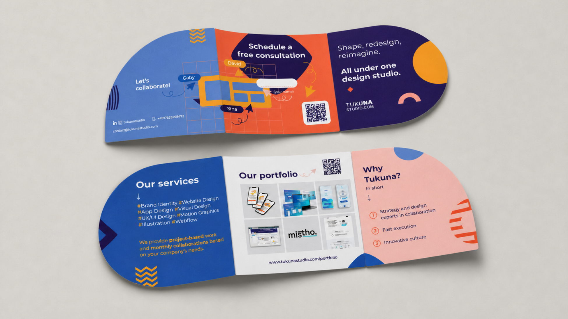 Two open Tukuna Studio accordion brochures with rounded panels and colorful brand graphics