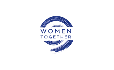 Blue brushstroke circular logo with the words 'WOMEN TOGETHER' in uppercase letters inside.