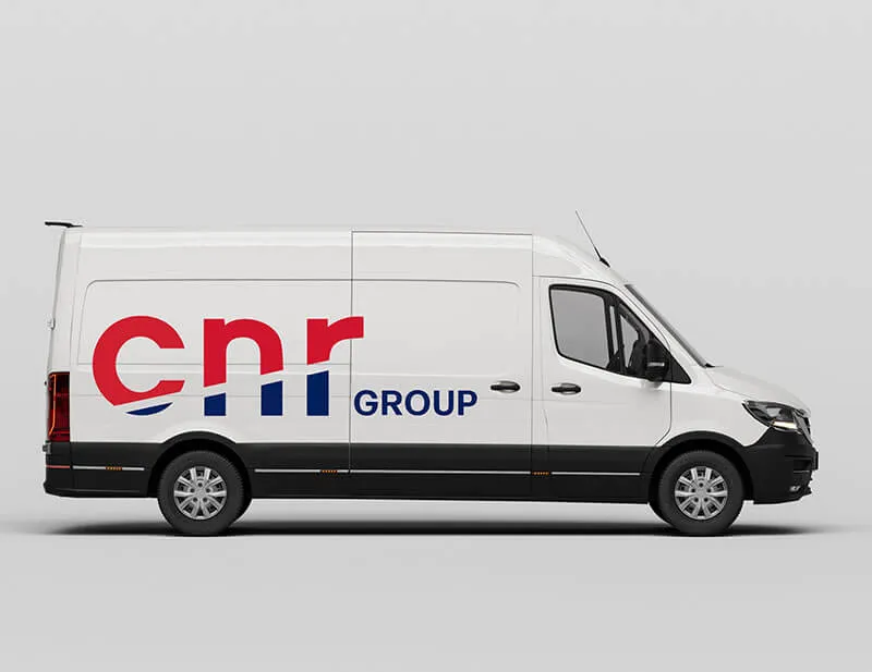 White delivery van with large red and blue CNR Group logo on the side.