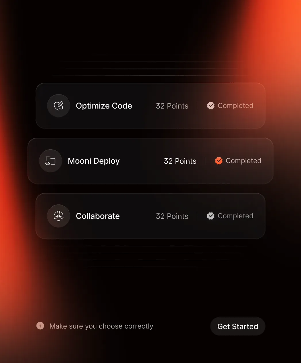Three task bars labeled Optimize Code, Mooni Deploy, and Collaborate each showing 32 points and a completed status, with a subtle orange and black gradient background.
