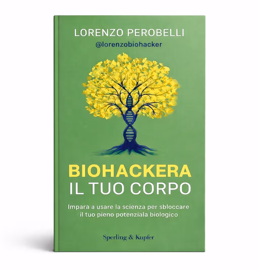 Copertina verde del libro 'Biohackera il tuo corpo' di Lorenzo Perobelli con un albero giallo che ha una doppia elica di DNA come tronco.