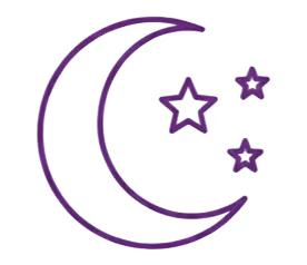 Disegno di una luna crescente viola con tre stelle di diverse dimensioni.
