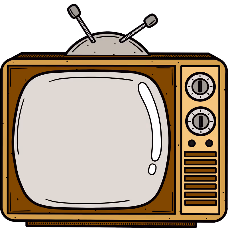 Icona illustrante televisore vintage marrone con due antenne e due manopole di controllo sul lato destro.