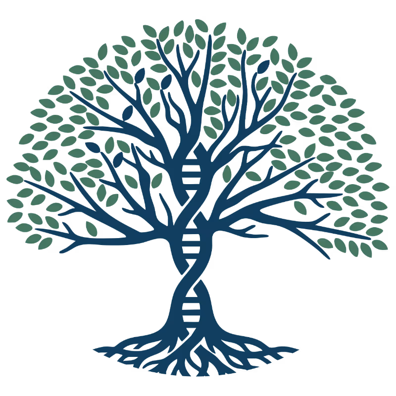 Logo albero stilizzato con una doppia elica di DNA come tronco che si intreccia tra rami e radici.