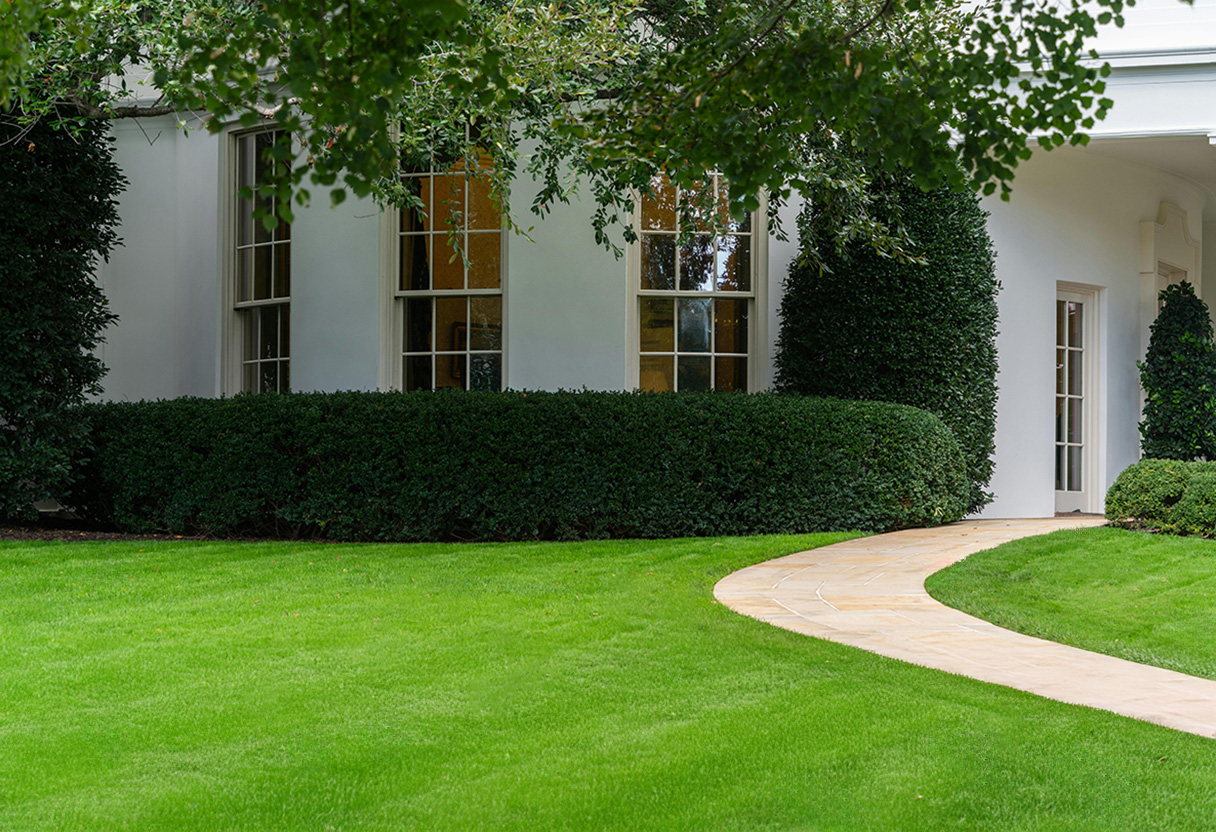 Ein Haus mit einer schön geschnittenen hecke, saftig grünem, gemähten Rasen und ein schöner Weg der zum Haus führt.