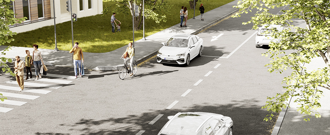 Vehicle navigating an urban street with pedestrians and cyclists.