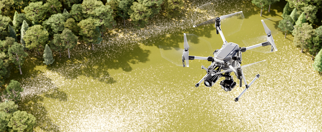 LiDAR-equipped drone surveying a forested landscape.