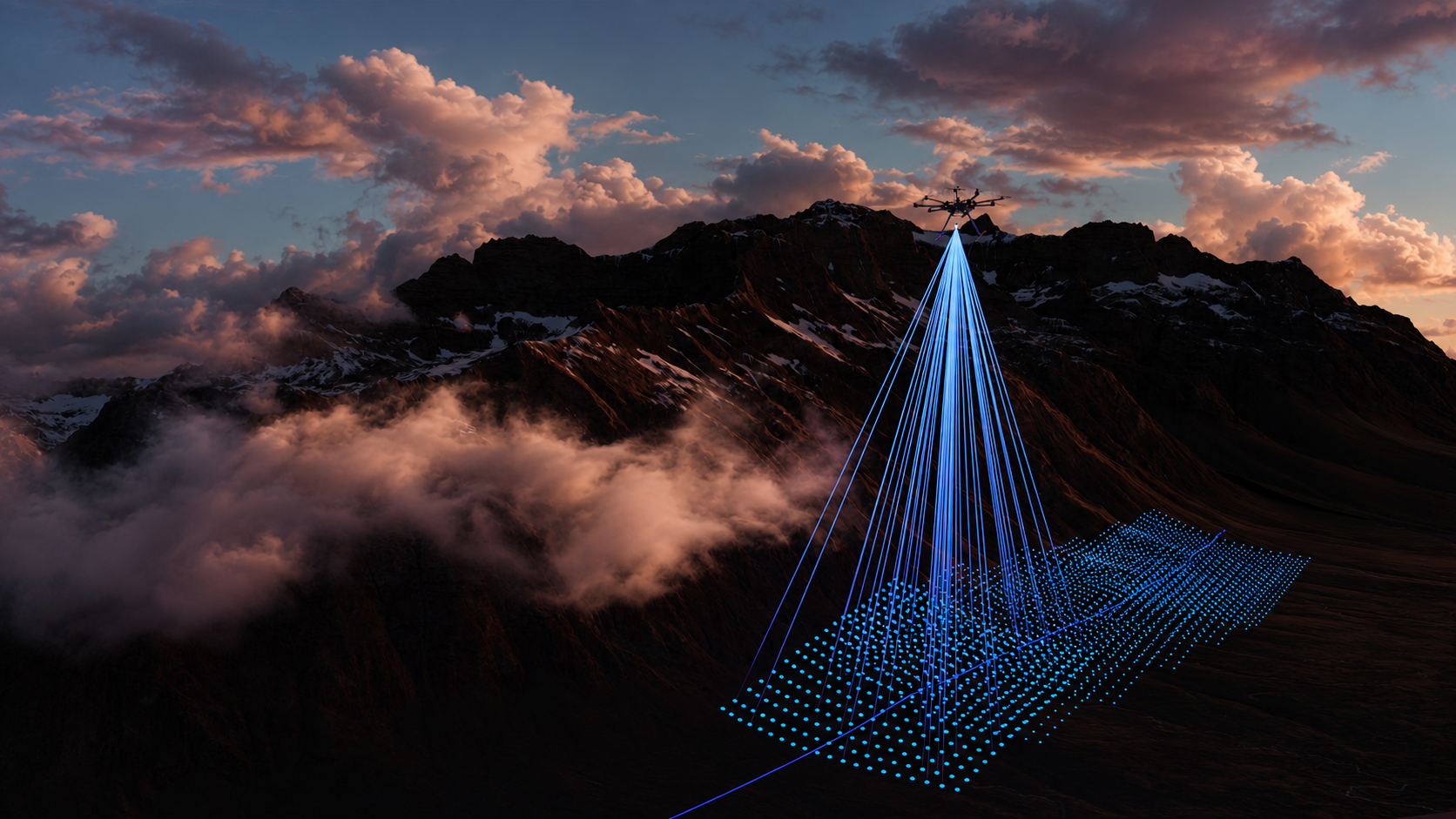 LiDAR-equipped drone surveying a forested landscape.