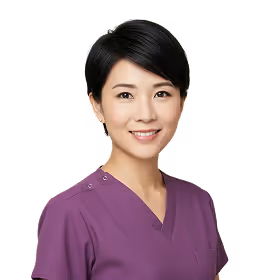 Smiling female healthcare professional wearing a purple scrub top against a black background.