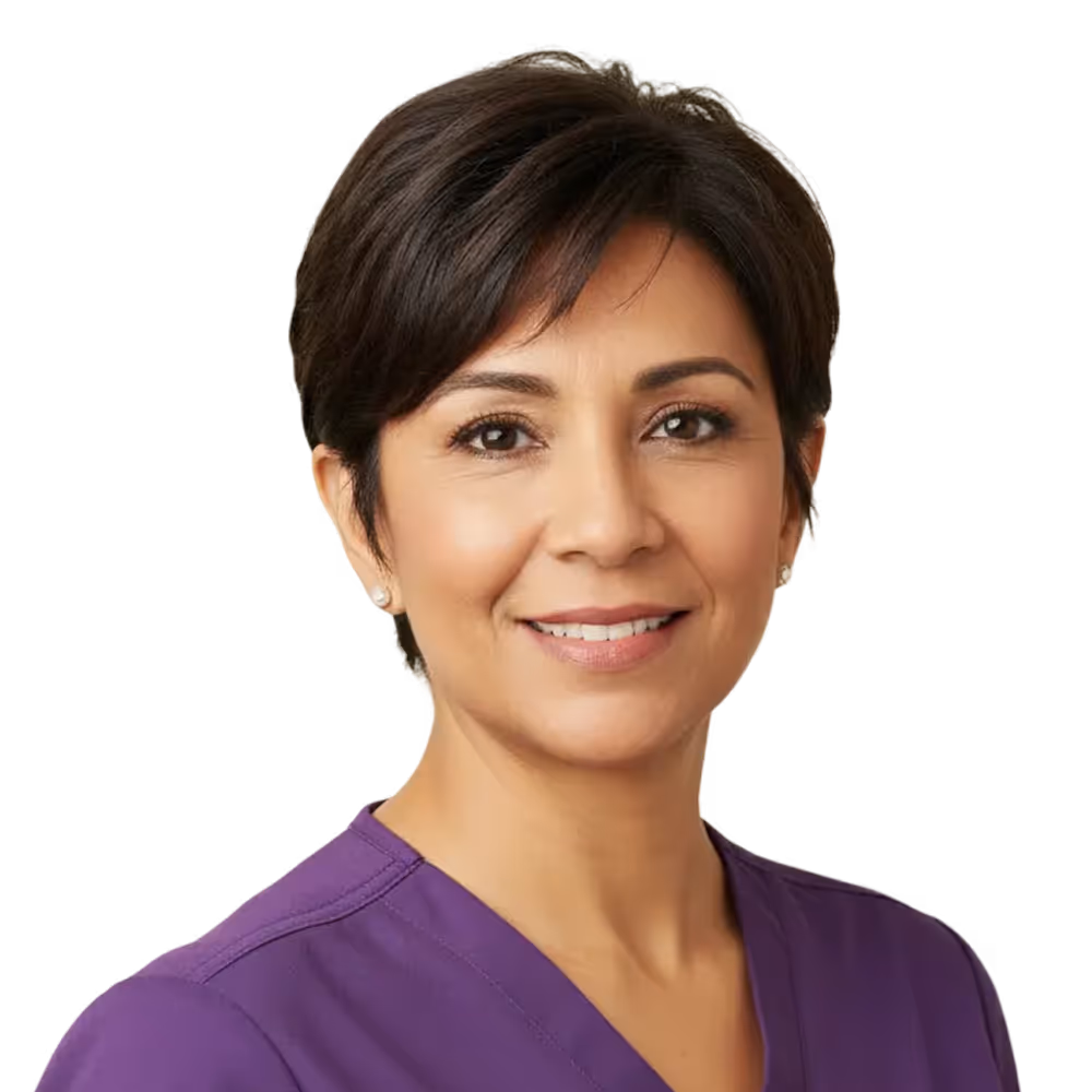 Smiling woman with short dark hair wearing a purple top against a black background.