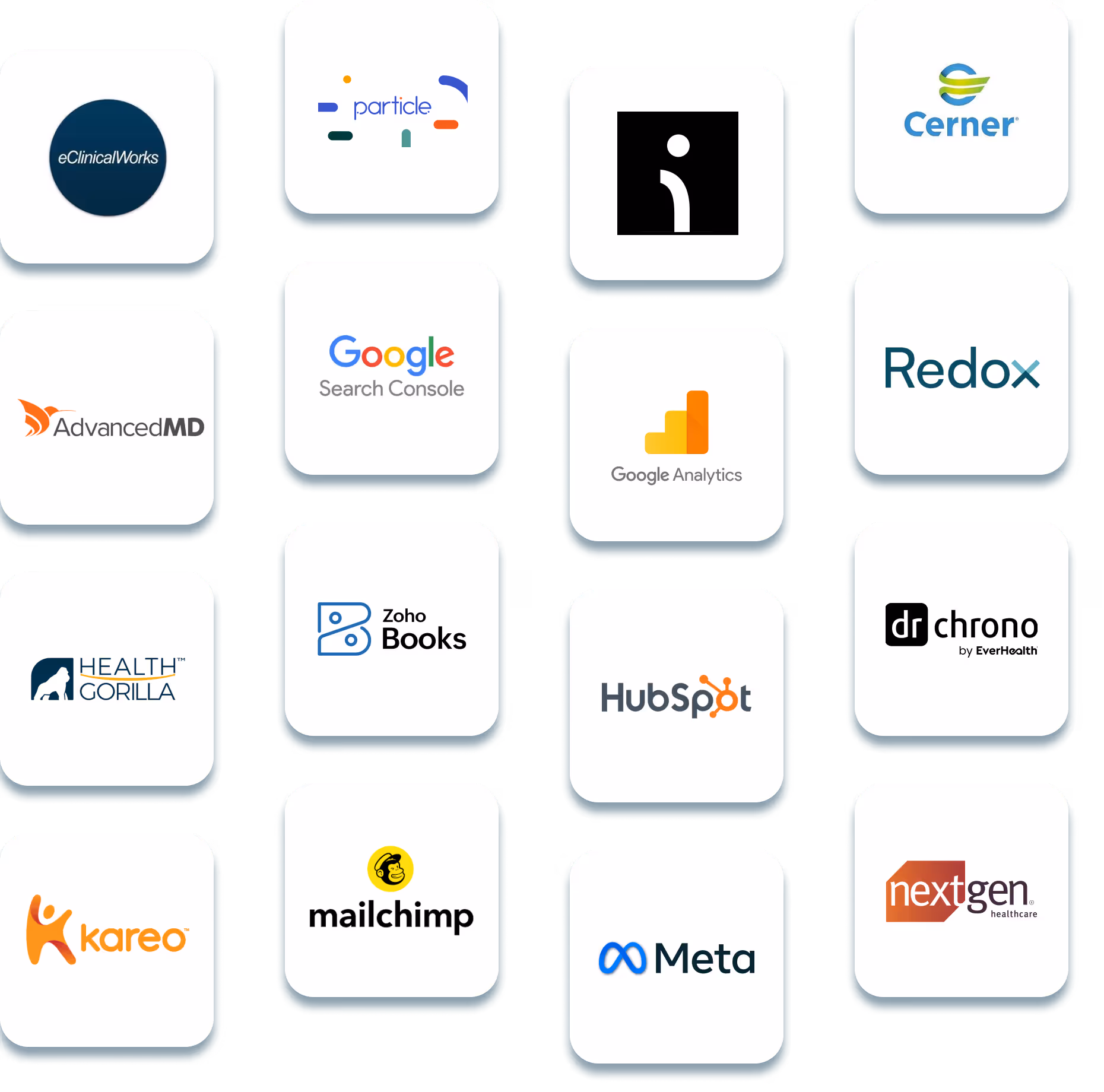 Grid of logos for marketing and healthcare tools including eClinicalWorks, Particle, Cerner, AdvancedMD, Google Search Console, Google Analytics, Redox, Health Gorilla, Zoho Books, HubSpot, DrChrono, Kareo, Mailchimp, Meta, and NextGen Healthcare.