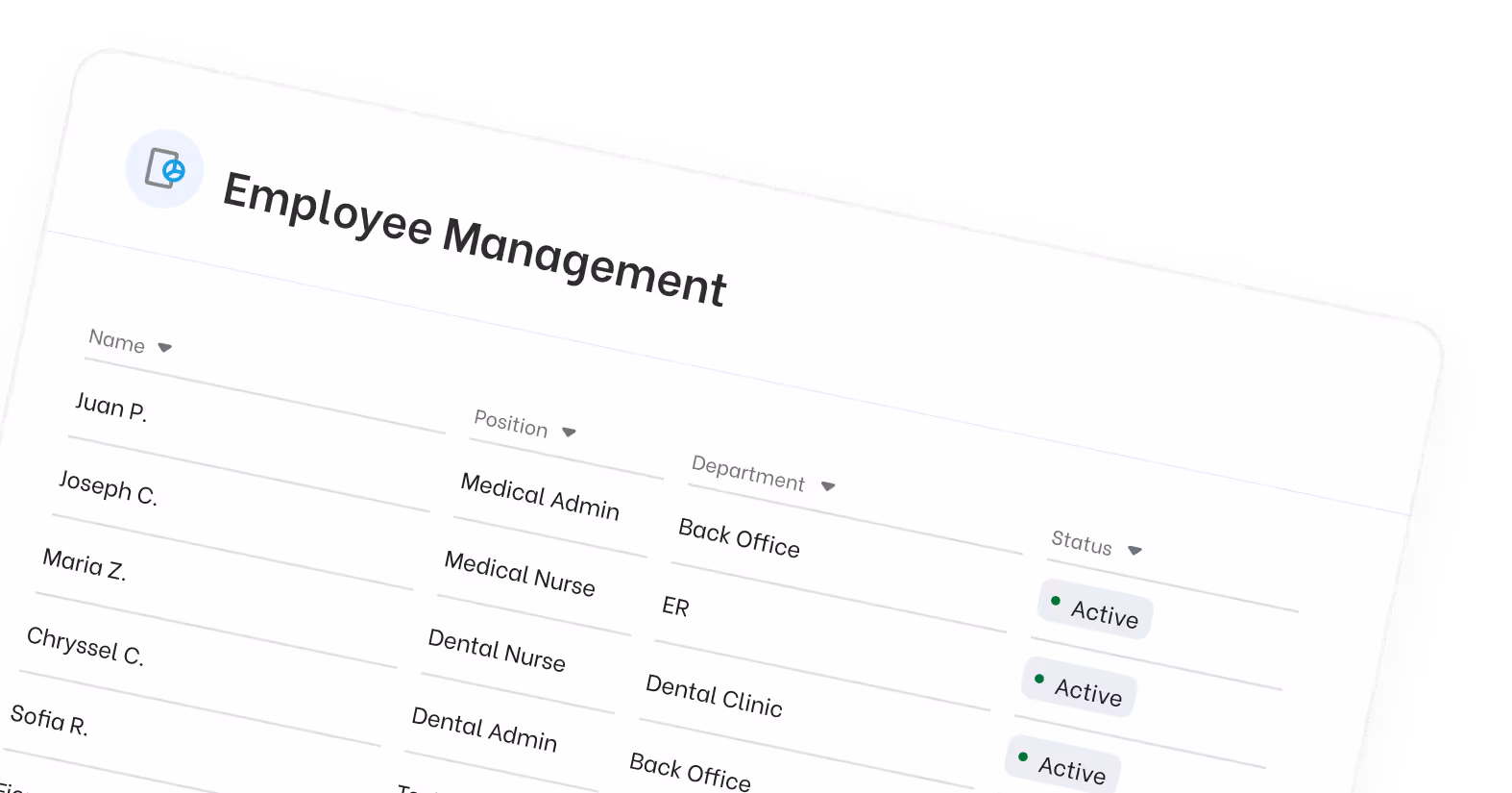 Employee Management table listing names, positions, departments, and active status indicators.