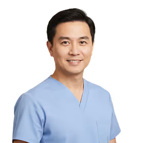 Smiling male healthcare professional wearing light blue scrubs against a transparent background.