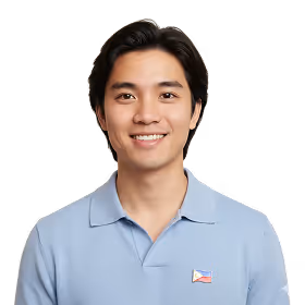 Smiling young man wearing a light blue polo shirt with a small Philippine flag patch.