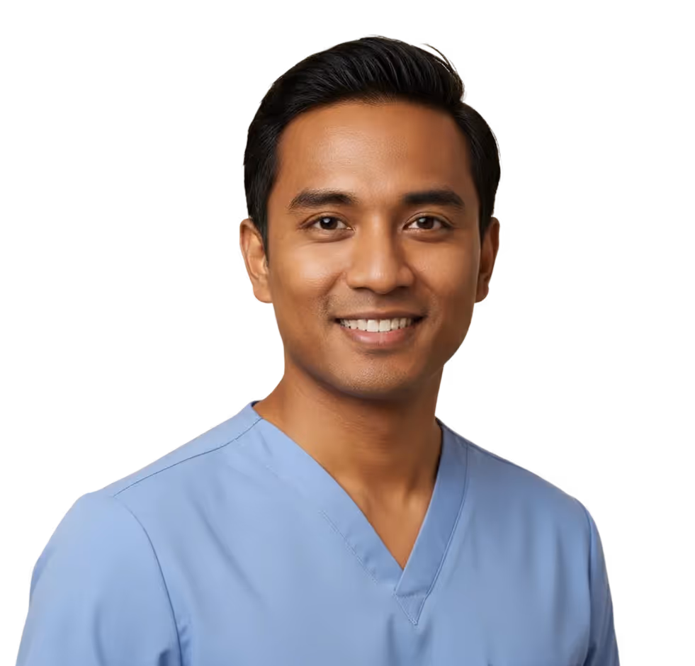 Smiling man wearing light blue medical scrubs with a black background.