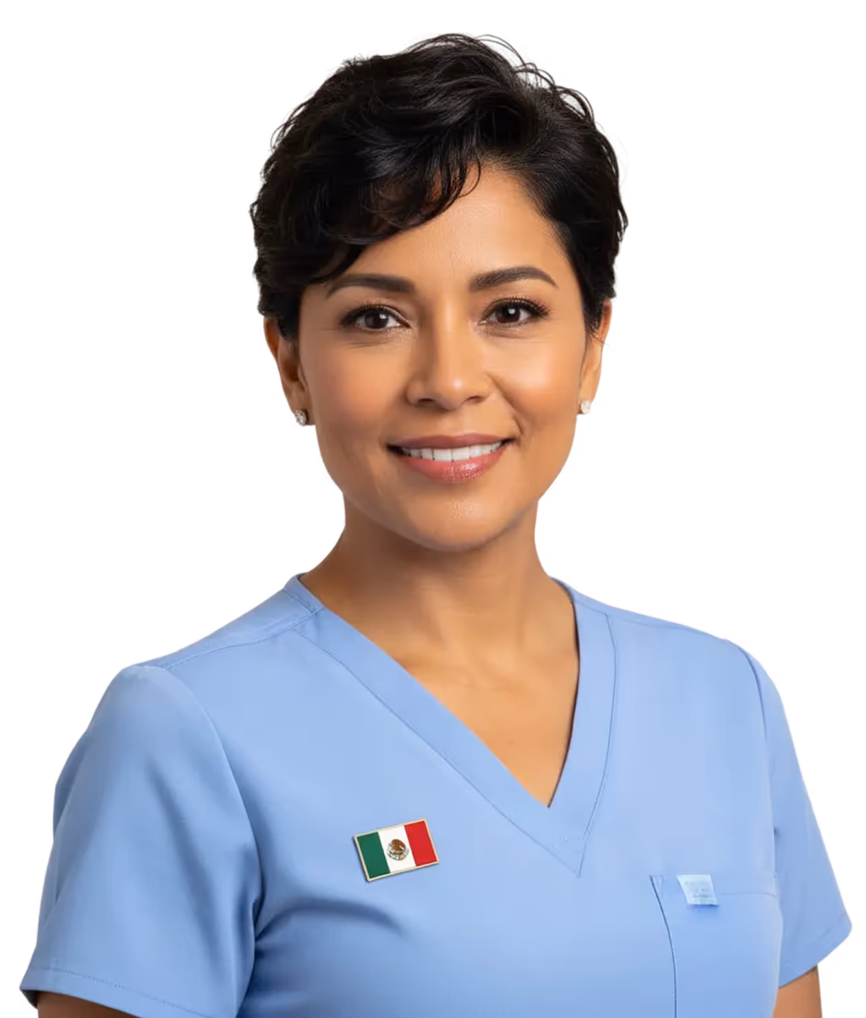 Smiling healthcare professional wearing light blue scrubs with a Mexican flag pin.