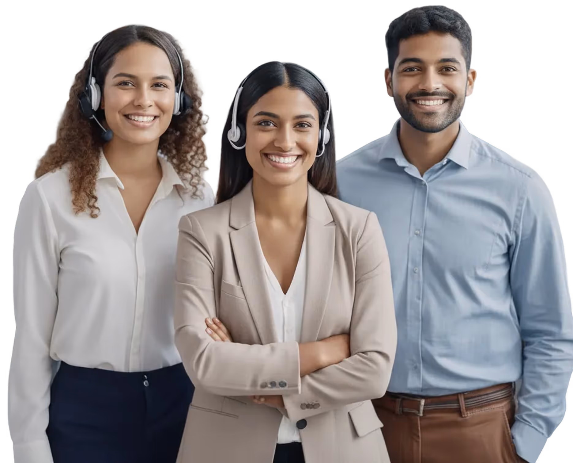 Three smiling customer service representatives wearing headsets, two women and one man, standing side by side.