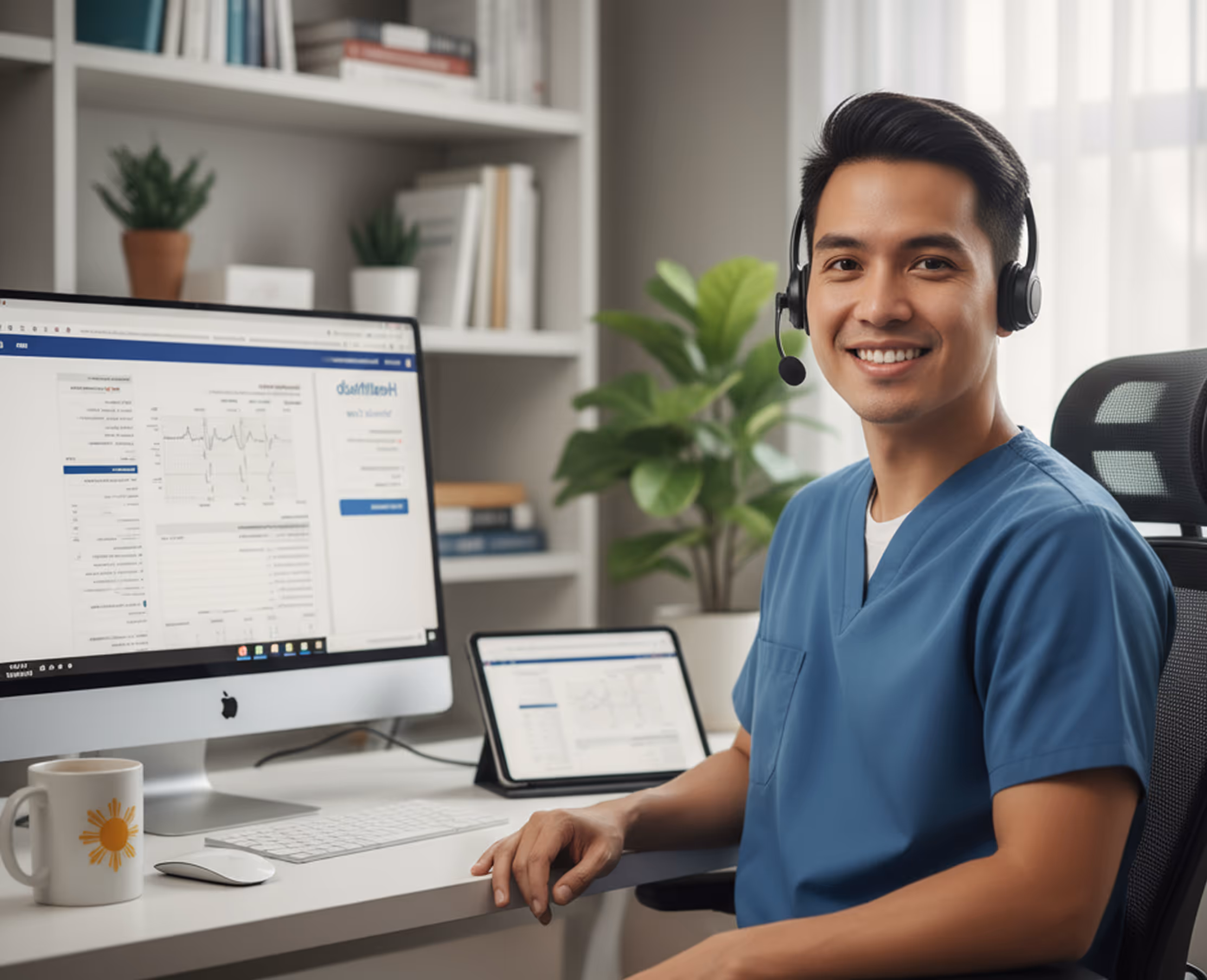 Smiling healthcare professional in blue scrubs wearing a headset at a desk with a computer and tablet displaying medical data.