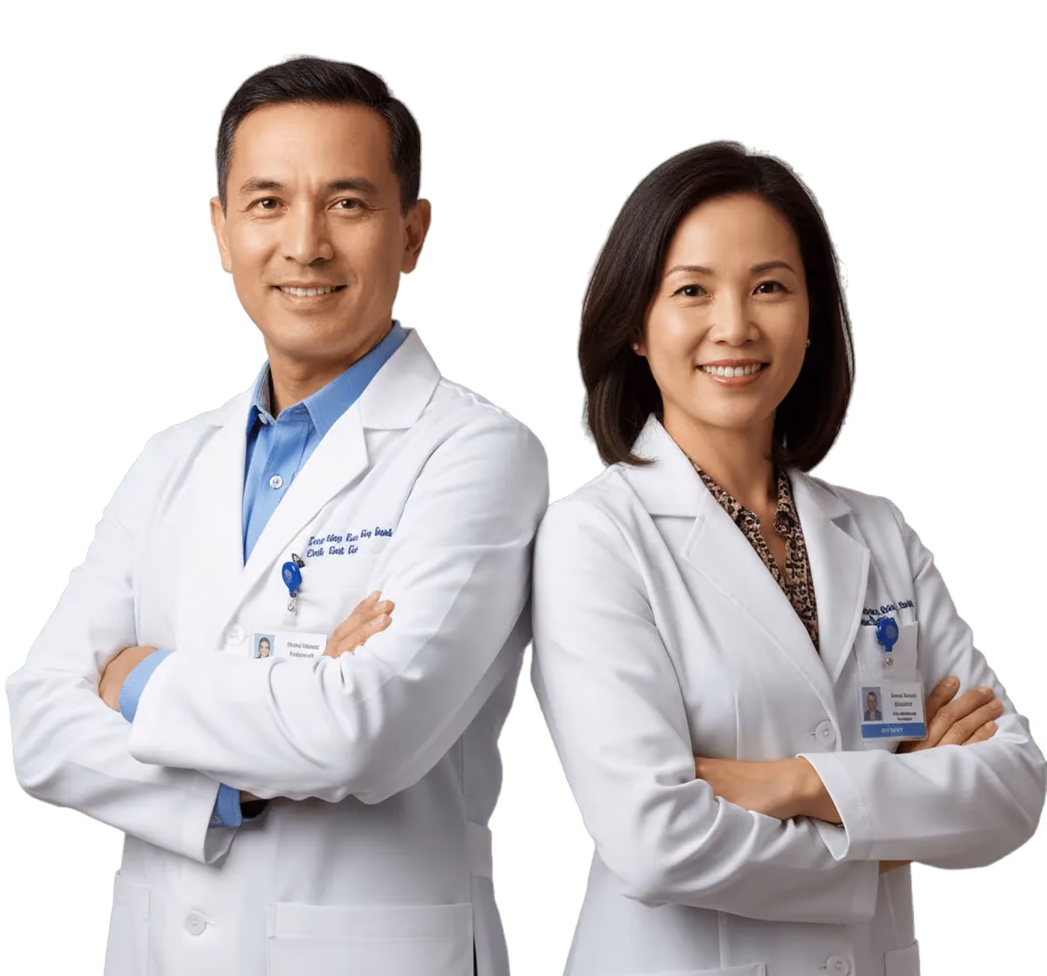 Portrait of two smiling doctors in white coats with arms crossed against a black background.