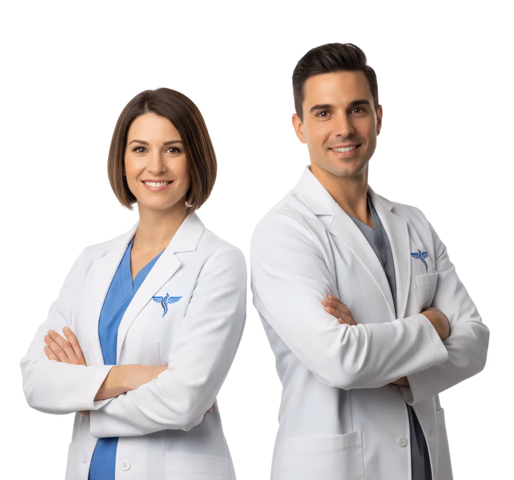 Smiling male and female doctors in white coats with arms crossed against a white background.