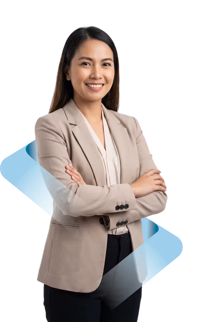 Smiling professional woman in beige blazer with arms crossed against transparent background with blue geometric shapes.
