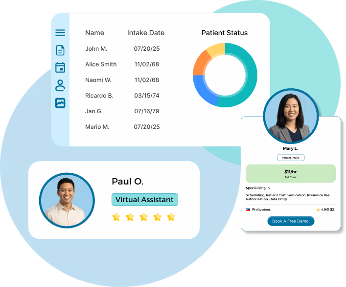 Dashboard showing patient intake list with names and dates, a circular chart labeled Patient Status, a profile card for Paul O. labeled Virtual Assistant with five stars, and a profile card for Mary L. highlighting skills and a booking button.