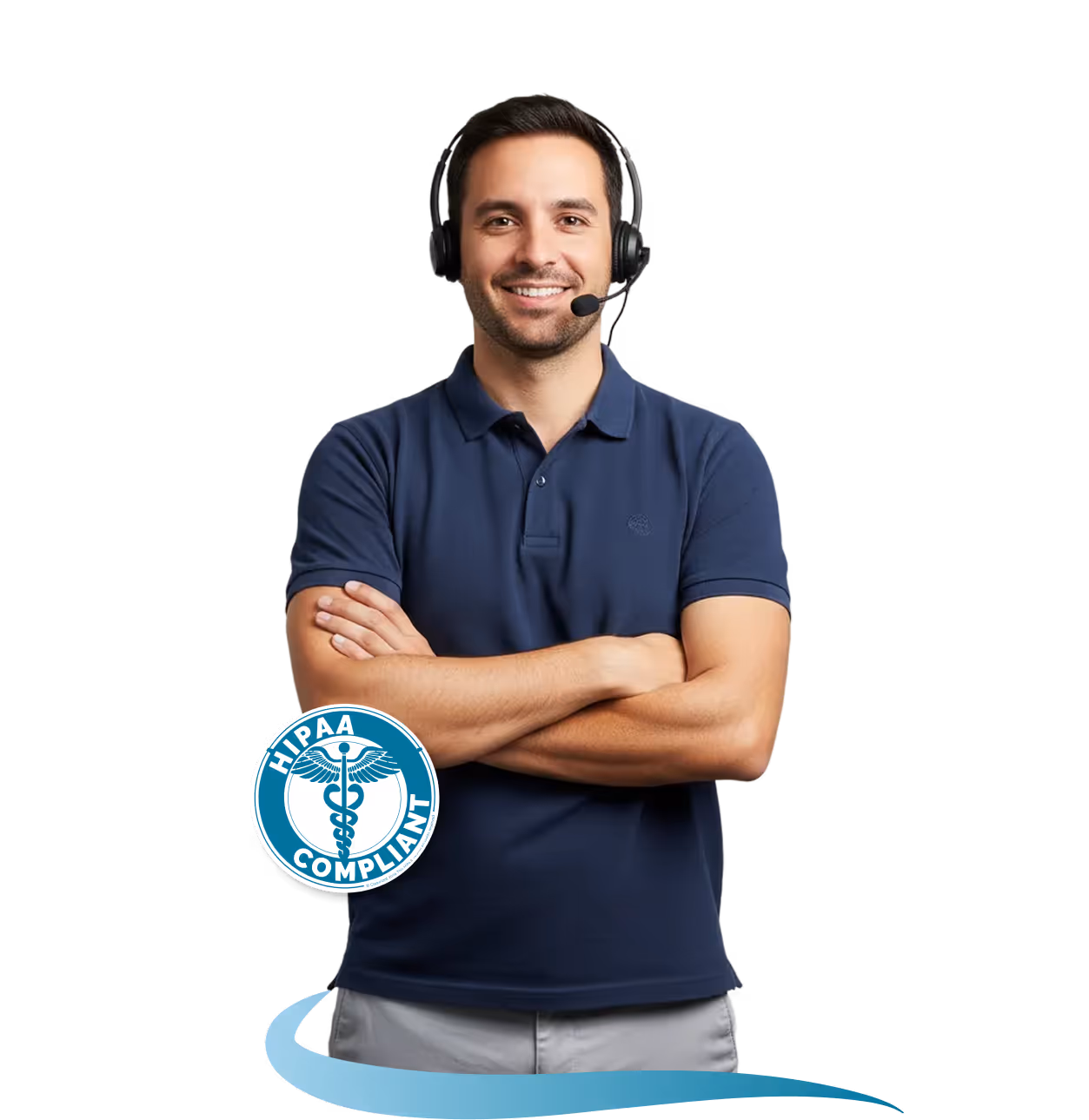 Smiling man wearing a headset and navy polo shirt standing with arms crossed, next to a HIPAA Compliant badge.