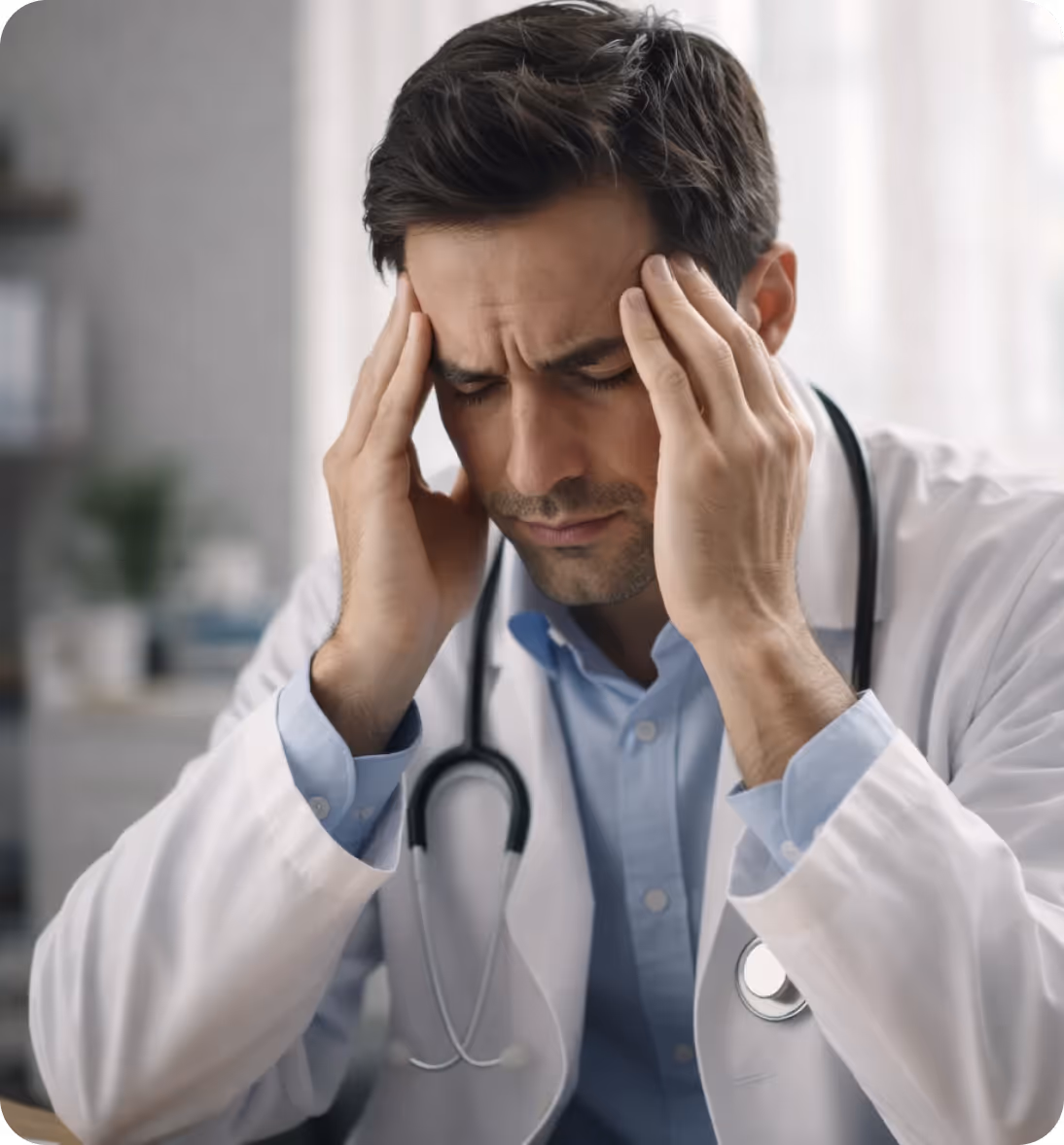 Male doctor in white coat and blue shirt holding his head with both hands, appearing stressed or tired.