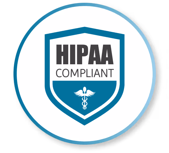 Blue shield badge with text 'HIPAA Compliant' and medical caduceus symbol.