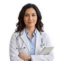 Female doctor with dark curly hair wearing a white coat and stethoscope holding a clipboard.