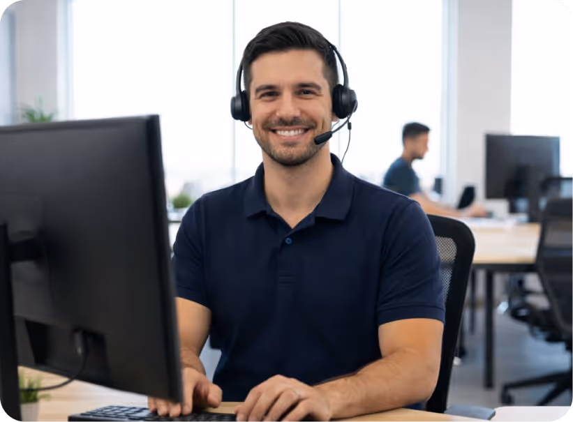 Smiling man wearing a headset and navy blue polo shirt sitting at a desk with a computer in an office.