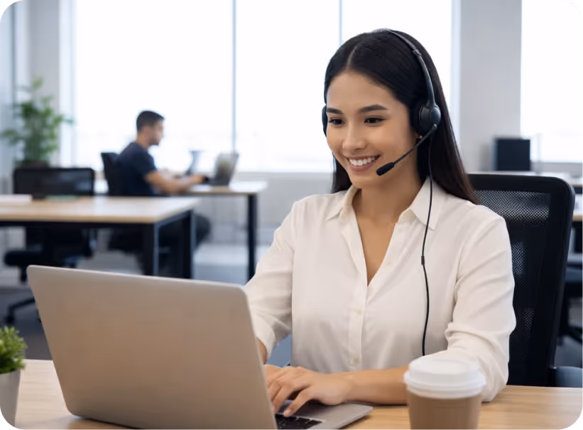 Smiling woman wearing headset working on a laptop at a desk in a modern office.