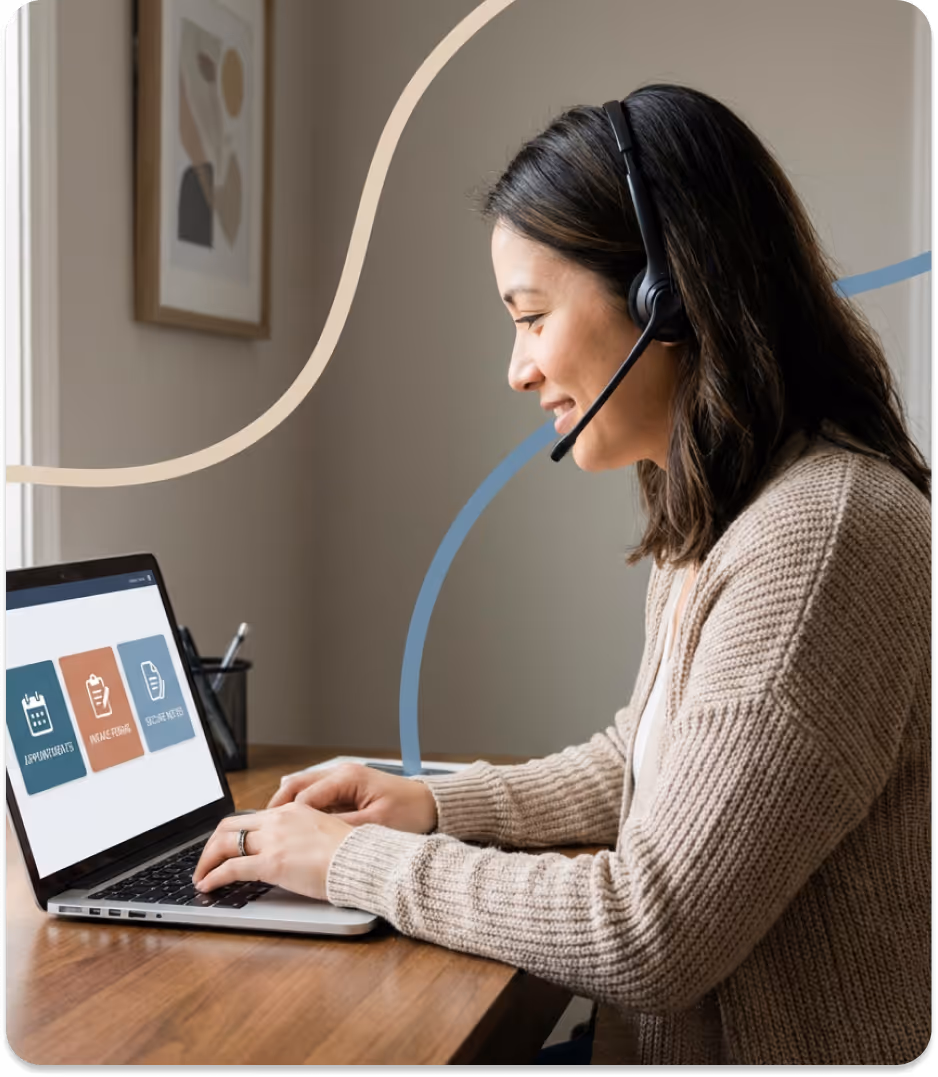 Smiling woman wearing headset and teal shirt with crossed arms next to HIPAA compliant emblem.