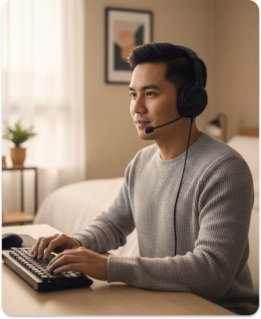 Smiling man wearing headset and teal shirt with crossed arms next to HIPAA compliant emblem.
