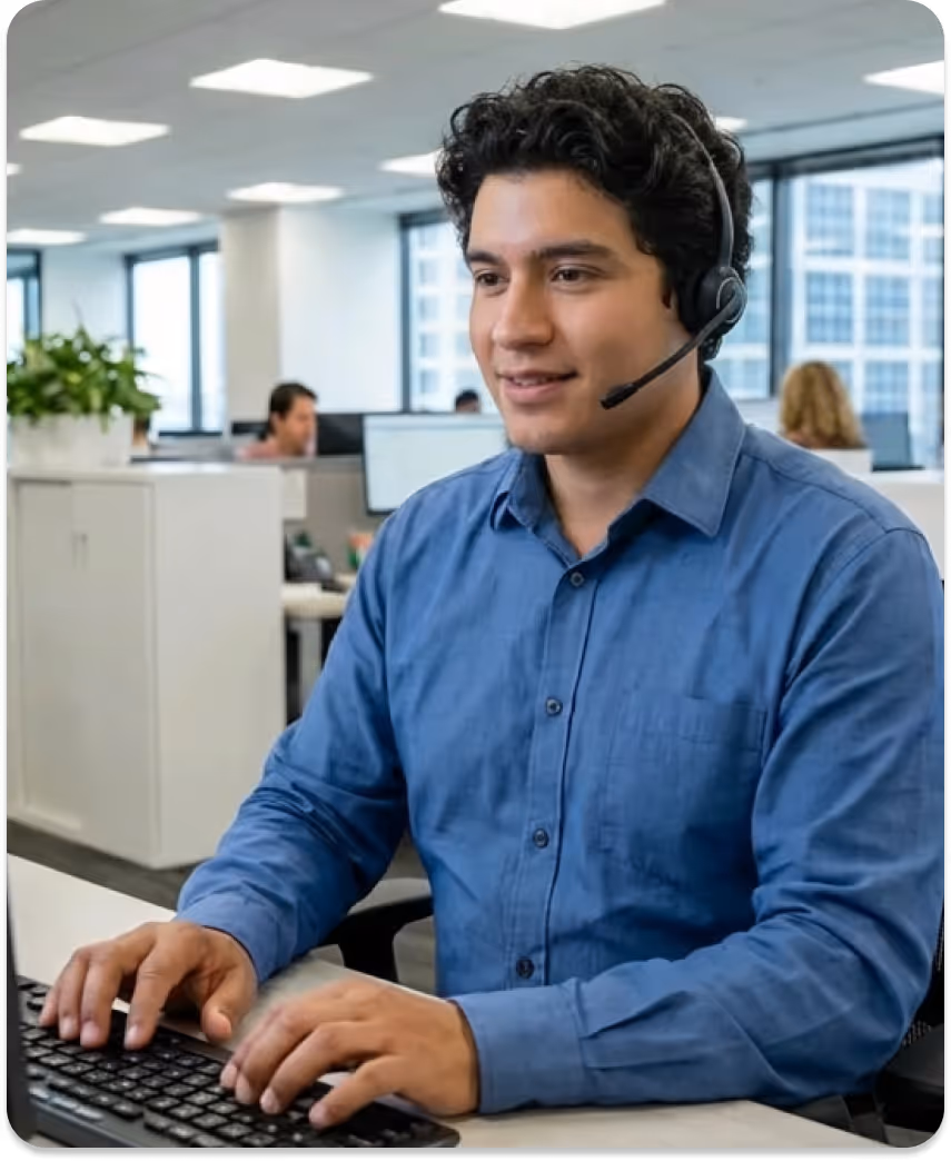 Smiling man wearing headset and teal shirt with crossed arms next to HIPAA compliant emblem.