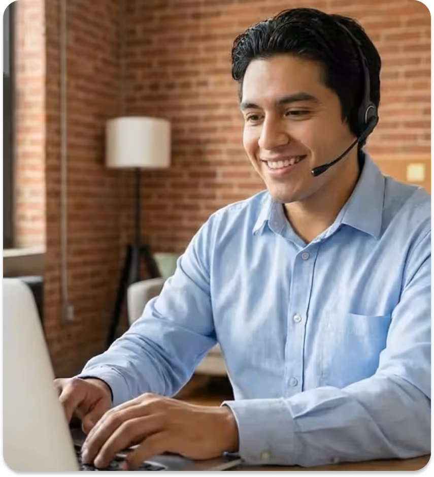 Smiling man wearing headset and teal shirt with crossed arms next to HIPAA compliant emblem.