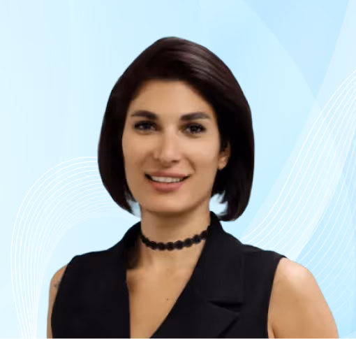Portrait of a smiling woman with short dark hair wearing a black sleeveless top and a black choker necklace against a blue abstract background.