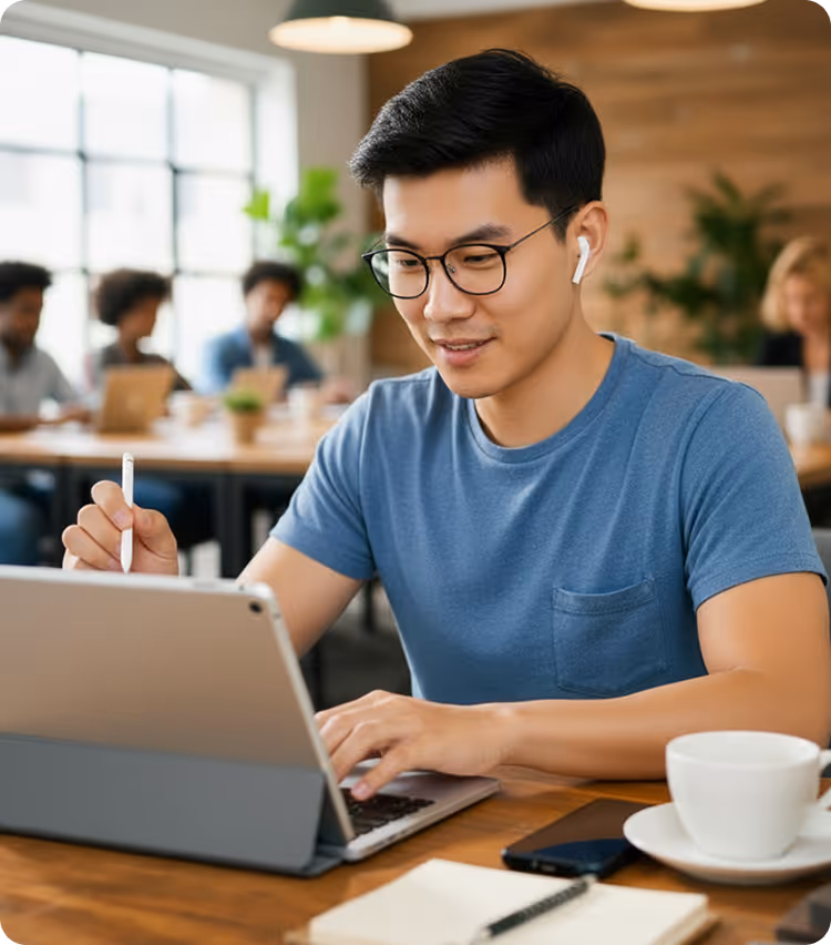 Young man wearing glasses and wireless earbuds working on a tablet with a stylus in a shared workspace with people in the background.