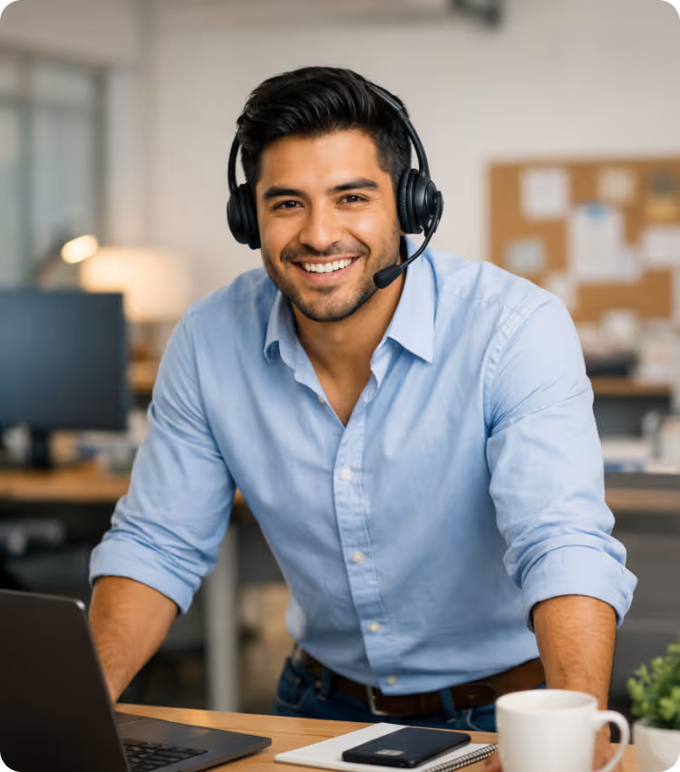 Young man wearing glasses and wireless earbuds working on a tablet with a stylus in a shared workspace with people in the background.