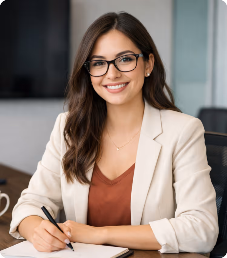 Smiling woman with glasses writing in a notebook at a desk in an office.