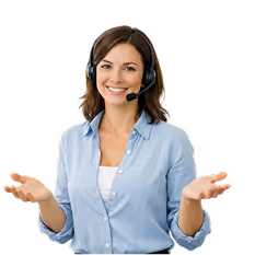 Smiling woman wearing a headset with microphone, gesturing with open hands.