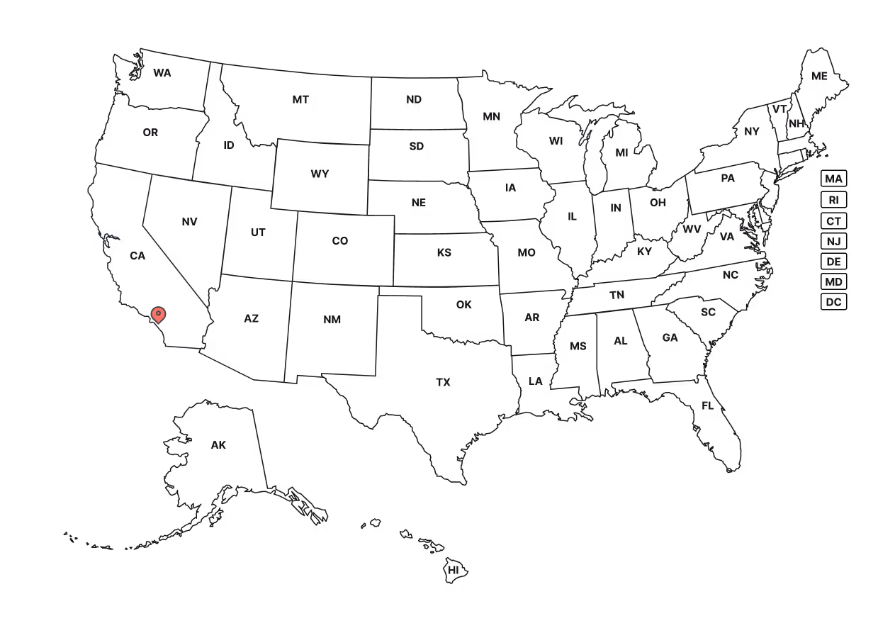 Map of the United States with a marker on California highlighting headquarters at 21731 Ventura Blvd, Woodland Hills, CA 91364.