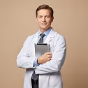 Confident male doctor in a white coat holding a clipboard against a beige background.