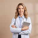 Smiling female doctor with stethoscope around her neck holding a tablet, standing against a beige background.