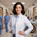 Female doctor in white coat standing confidently with hands on hips in a hospital corridor with medical staff in the background.